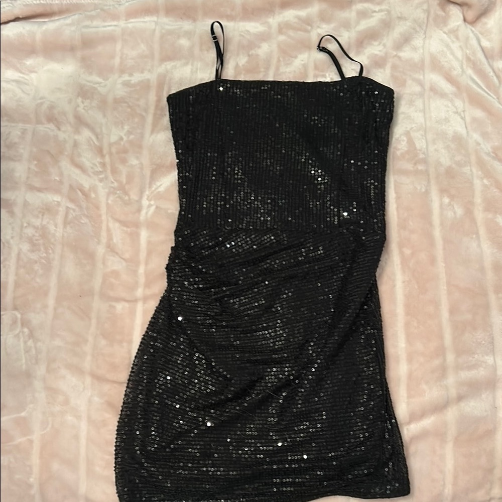 Katie J NYC Black Sequin Ruched Mini Dress